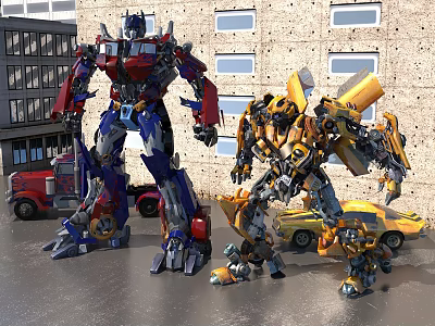 Transformers Characters Optimus Prime Bumblebee And Small Robot In City Scene 3d model