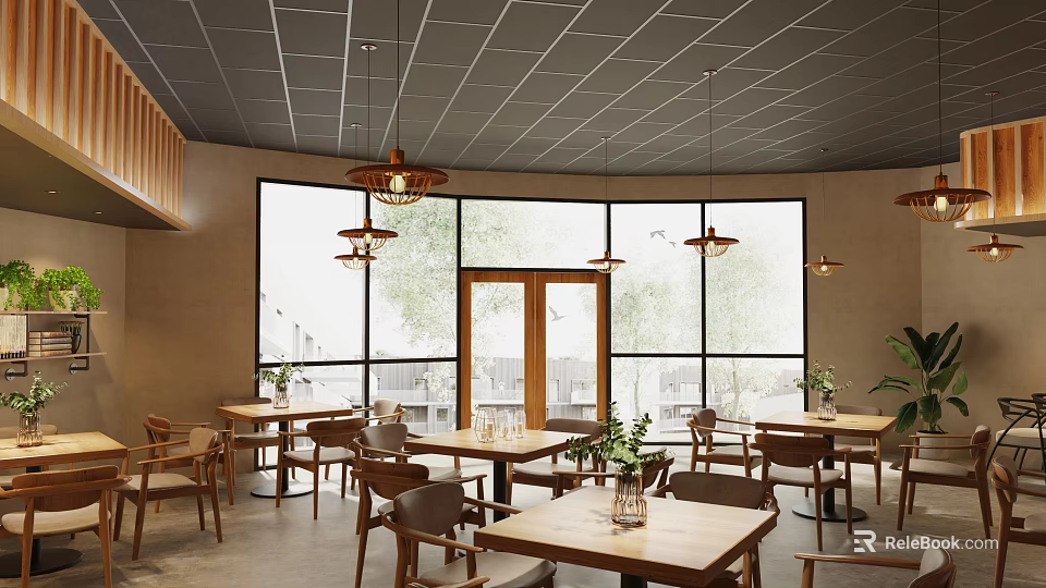 Modern Restaurant Interior With Gray Ceiling Wooden Tables Pendant Lights Large Windows Green Plants 3d model 