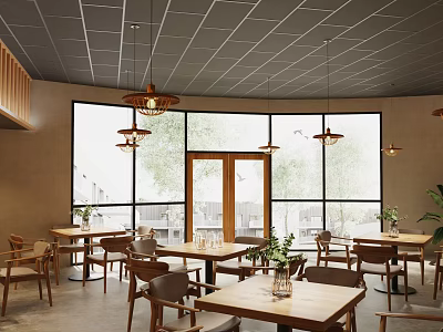 Modern Restaurant Interior With Gray Ceiling Wooden Tables Pendant Lights Large Windows Green Plants 3d model
