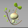 White Closed Eye Cartoon Character Dancing With Green Seedling Plant And Leaves