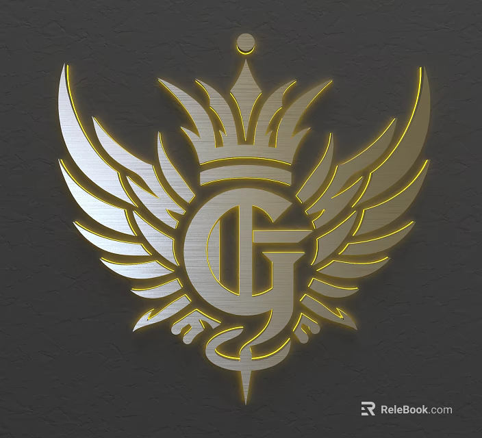 Golden Wall Decor With Wings Crown And Central Letter G Design 3d model 
