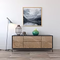 Black TV Stand With Geometric Patterns Decorative Mirrors Wall Sconce And Marble Accent