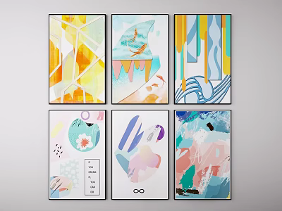 Six Colorful Abstract Art Prints with Modern Geometric Patterns and Vibrant Hues 3d model