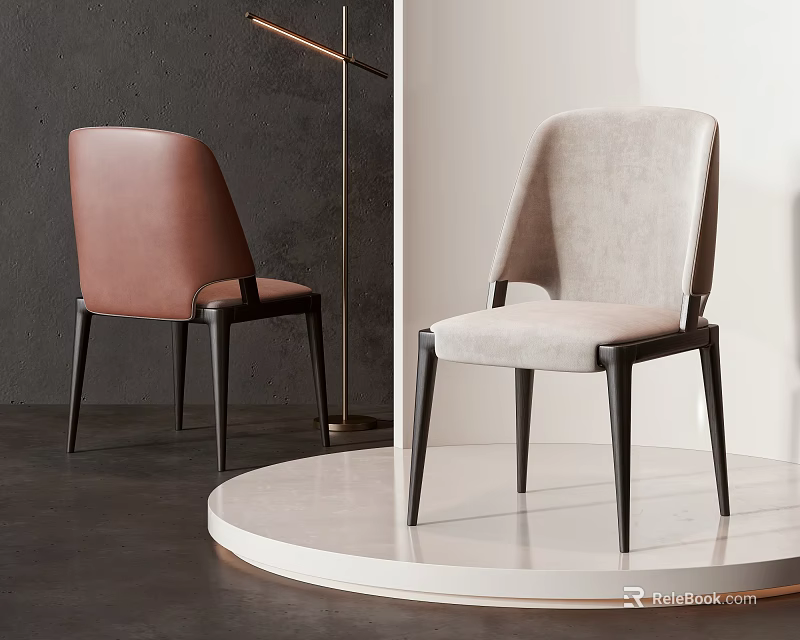 Modern Accent Chair Brown Leather Light Gray Fabric Upholstery Black Slim Legs Display Platform 3d model 