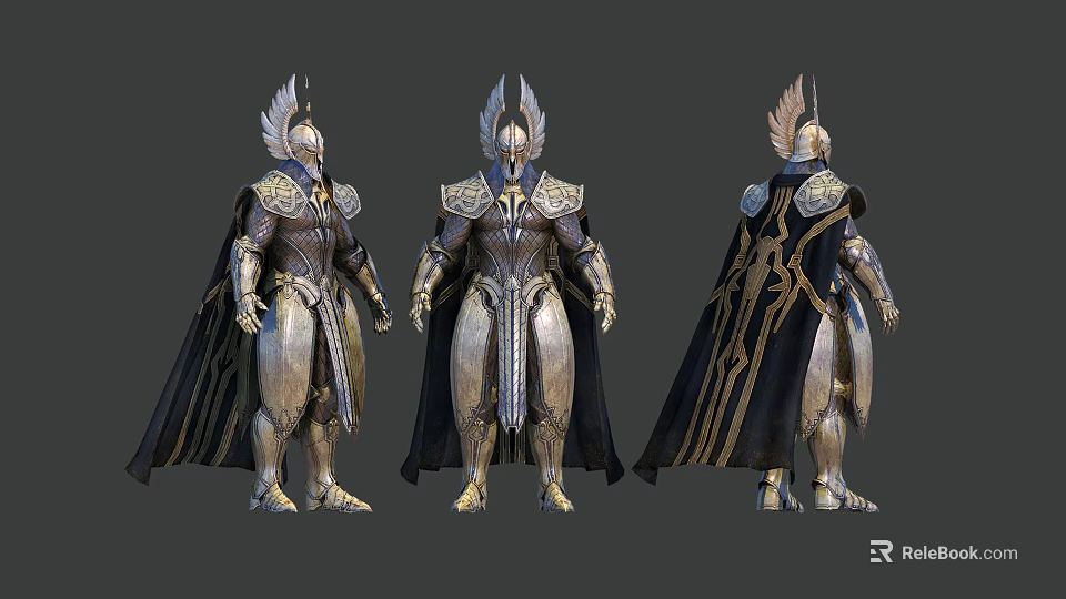 Elaborate Fantasy Character Armor Design Featuring Gold Silver Accents And Black Cloak 3d model 