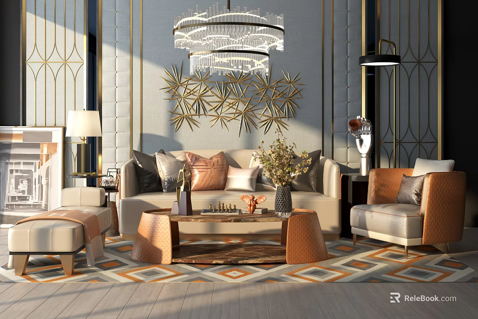 Elegant Modern Sofa Coffee Table Set With Crystal Chandelier Geometric Wall Decor And Patterned Rug 3d model