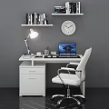 Modern Office Desk And Chair Set With Desk Lamp Laptop Bookshelf And Wall Clock