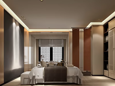 Serene Modern SPA Room Interior With Two Massage Beds Wooden Partitions And Lattice Window 3d model