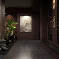 Chinese Style Gallery Corridor With Traditional Paintings Wooden Frames And Wall Lighting