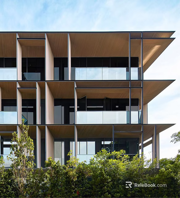 Modern Multi Storey Building Design With Glass Curtain Wall Wooden Structure And Greenery 3d model 
