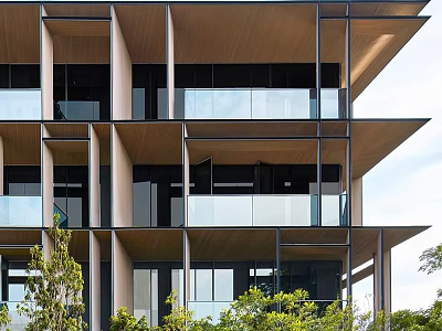 Modern Multi Storey Building Design With Glass Curtain Wall Wooden Structure And Greenery 3d model