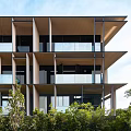 Modern Multi Storey Building Design With Glass Curtain Wall Wooden Structure And Greenery