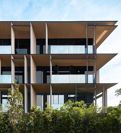 Modern Multi Storey Building Design With Glass Curtain Wall Wooden Structure And Greenery 3d model