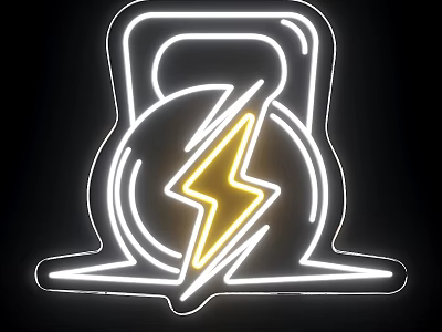 Neon Kettlebell Shaped Lightbox With Yellow Lightning Bolt And White Neon Lines On Black Background 3d model