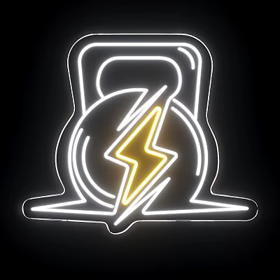 Neon Kettlebell Shaped Lightbox With Yellow Lightning Bolt And White Neon Lines On Black Background 3d model