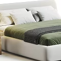 Cozy Double Bed with Green Bedspread Gray Blanket and White Pillows and Wooden Side Table