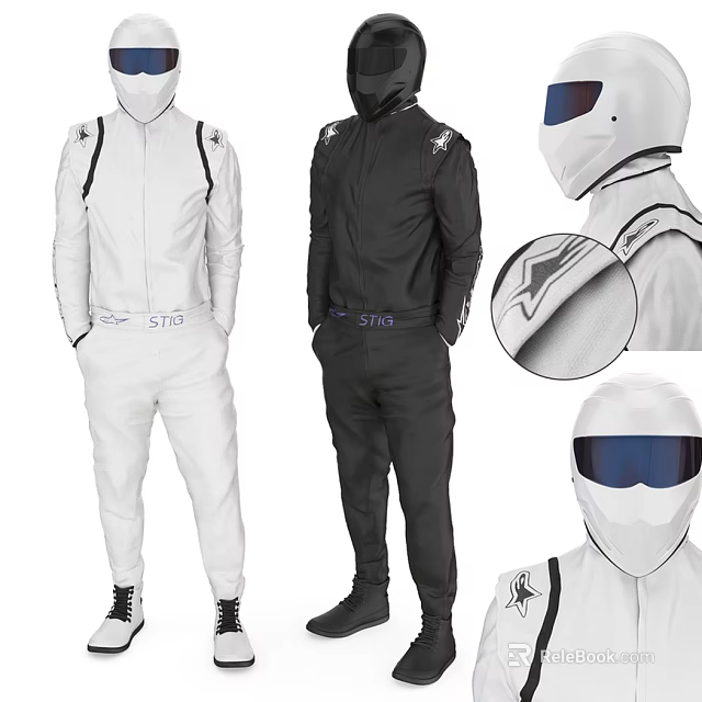 Model Wearing Black And White Suit With STIG Logo And Detailed Shoulder View 3d model 