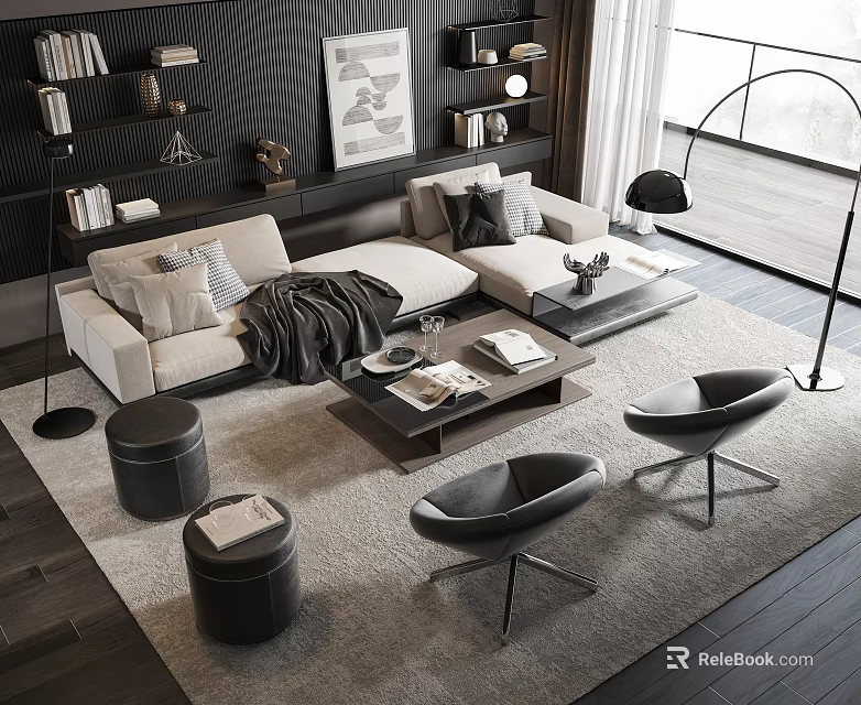 Light Sofa And Wooden Coffee Table Set With Pillows Throw Blanket In Modern Living Room 3d model 