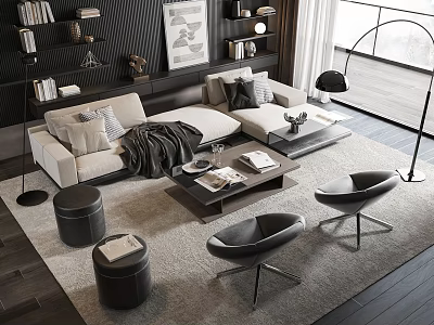 Light Sofa And Wooden Coffee Table Set With Pillows Throw Blanket In Modern Living Room 3d model