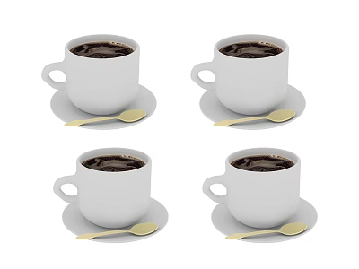 White Coffee Cups On Saucers With Golden Spoons Filled Dark Coffee Beverage 3d model