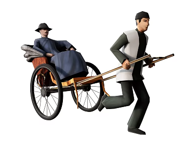 Classic Rickshaw Puller Carrying Passenger With Traditional Attire And Wooden Cart 3d model