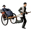 Classic Rickshaw Puller Carrying Passenger With Traditional Attire And Wooden Cart