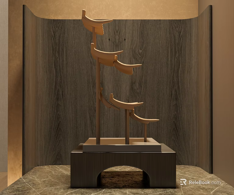 Modern Wooden Decorative Ornament Set With Stacked Curved Elements And Dark Base 3d model 