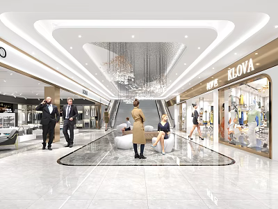 Elegant Shopping Mall Lobby With Chandelier Escalator People And KLOVA Storefronts 3d model
