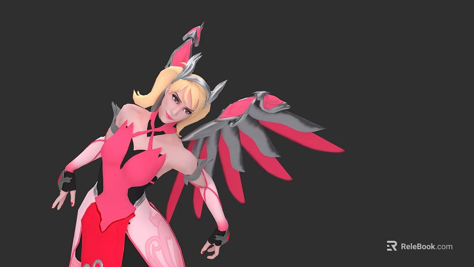 Game Movie Character with Pink Red Outfit Blonde Hair Decorative Wings and Headpiece 3d model 