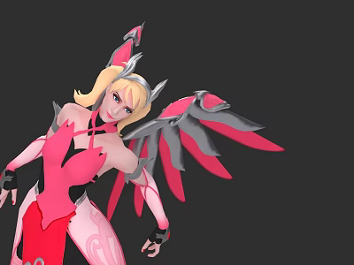 Game Movie Character with Pink Red Outfit Blonde Hair Decorative Wings and Headpiece 3d model