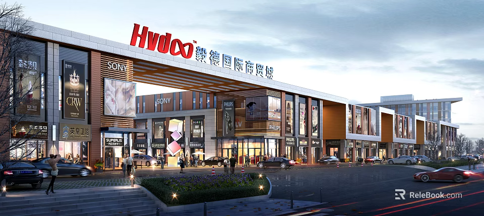 Modern Hydee International Trade Mall Exterior With Storefronts Entrance And Parking Area 3d model 