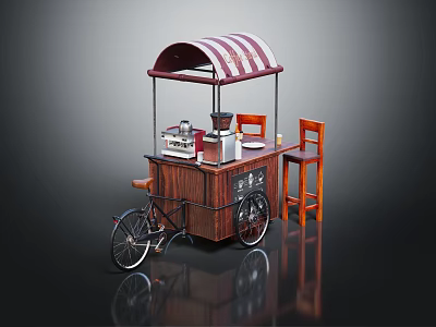 Functional Mobile Coffee Cart with Striped Awning Wooden Stools and Coffee Machines 3d model