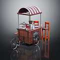 Functional Mobile Coffee Cart with Striped Awning Wooden Stools and Coffee Machines