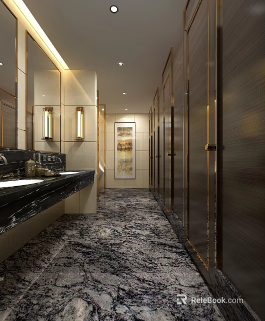 Modern Public Restroom Design With Marble Countertop Stall Doors And Decorative Lighting 3d model 