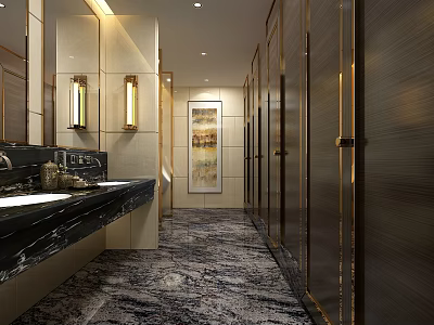 Modern Public Restroom Design With Marble Countertop Stall Doors And Decorative Lighting 3d model