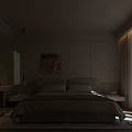 Minimalist Bedroom Interior With Bed Decorative Painting Hanging Lamp And Dressing Table