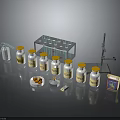 Household Supplies Featuring Yellow Lid Bottles Orange Granules Small Dishes And Storage Boxes