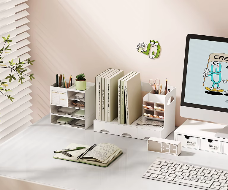 Organized Study Room Interior With Desk Books Notebook Pens Plant And Computer Monitor 3d model 