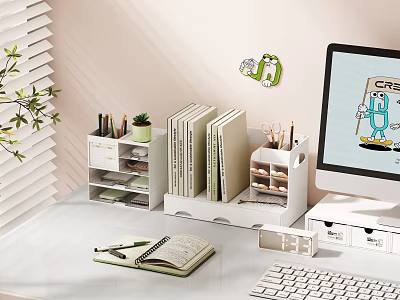 Organized Study Room Interior With Desk Books Notebook Pens Plant And Computer Monitor 3d model