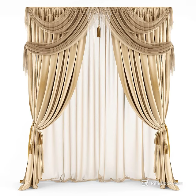 Luxurious Beige Pleated Velvet Curtains With Decorative Valance Tassels And Sheer Panels 3d model 