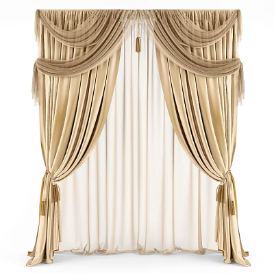 Luxurious Beige Pleated Velvet Curtains With Decorative Valance Tassels And Sheer Panels 3d model