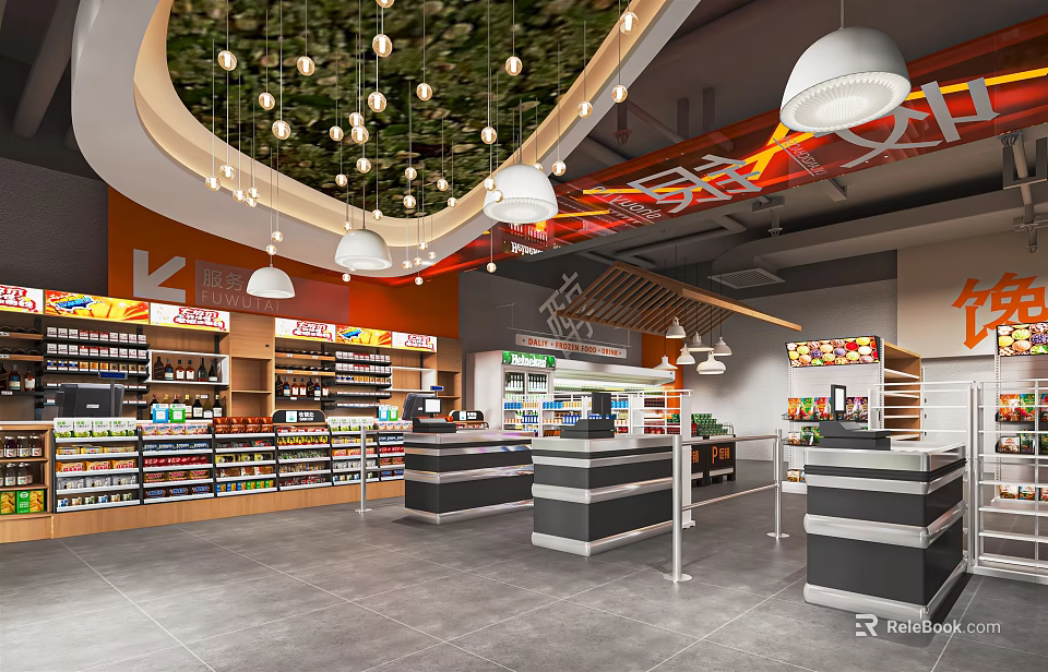 Supermarket Interior Space With Well Arranged Shelves Grocery Products Modern Checkout Counters And Hanging Lights 3d model 