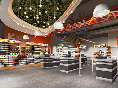 Supermarket Interior Space With Well Arranged Shelves Grocery Products Modern Checkout Counters And Hanging Lights 3d model