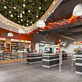 Supermarket Interior Space With Well Arranged Shelves Grocery Products Modern Checkout Counters And Hanging Lights