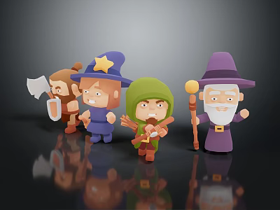 Colorful Cartoon Game Movie Characters Wearing Star Hat Green Hood Holding Axe And Staff 3d model