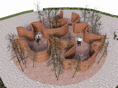 Garden Feature With Winding Red Brick Low Walls And Surrounding Slender Trees On Gravel Ground 3d model