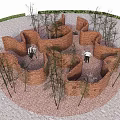 Garden Feature With Winding Red Brick Low Walls And Surrounding Slender Trees On Gravel Ground