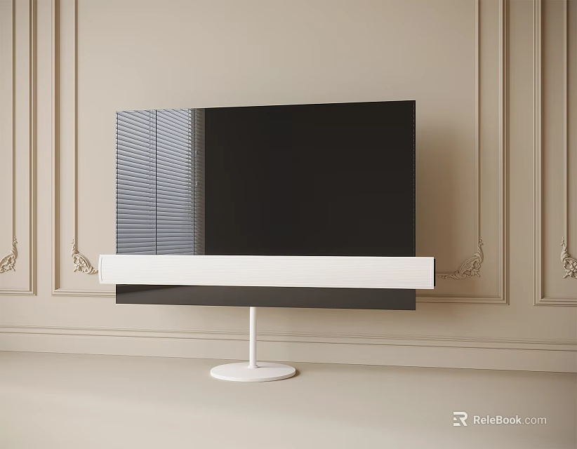 Modern Black Television with White Stand on Beige Wall with Decorative Moldings 3d model 