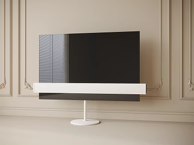 Modern Black Television with White Stand on Beige Wall with Decorative Moldings 3d model