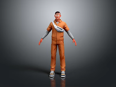 3D Character Model Wearing Orange Overalls Gray Long Sleeves Red Gloves And White Sneakers 3d model